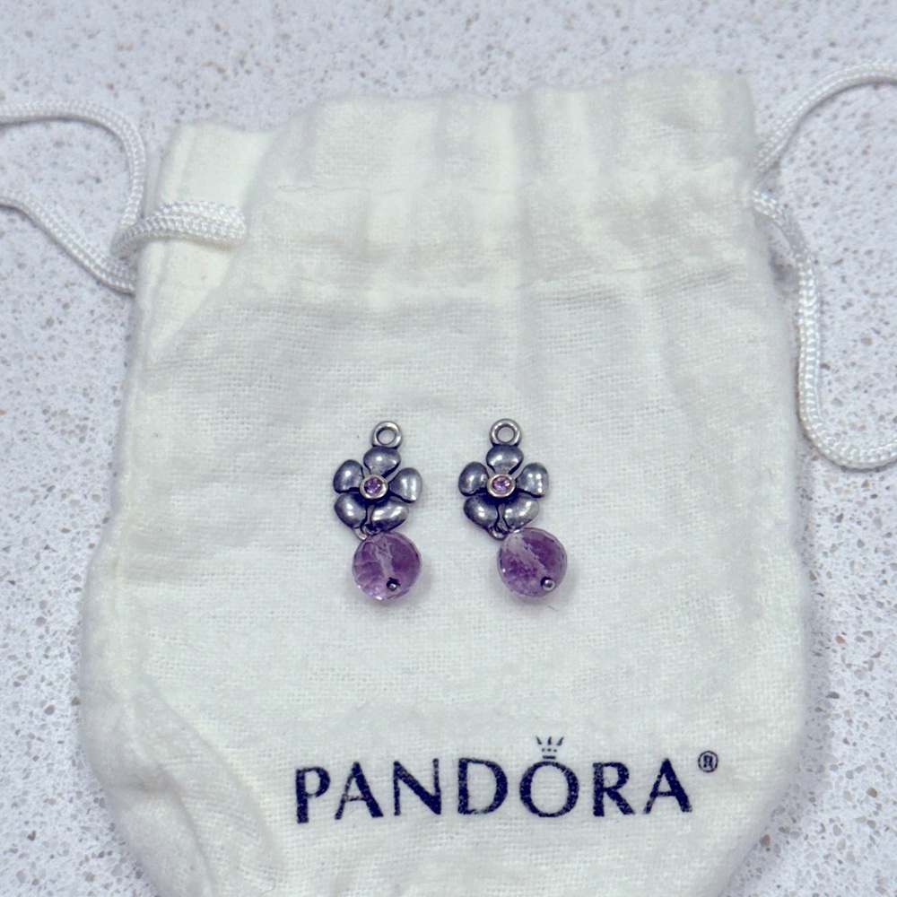 Retired Pandora Compose Amethyst Posey w/14K earring charm 290620